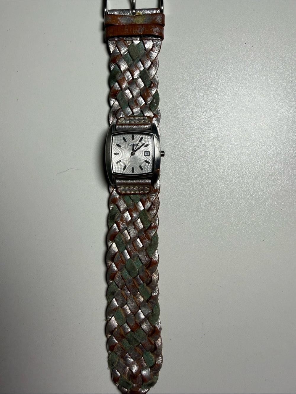 Fossil Vintage Braided Leather Cuff Watch Silver Wide Band‎ Date AS IS